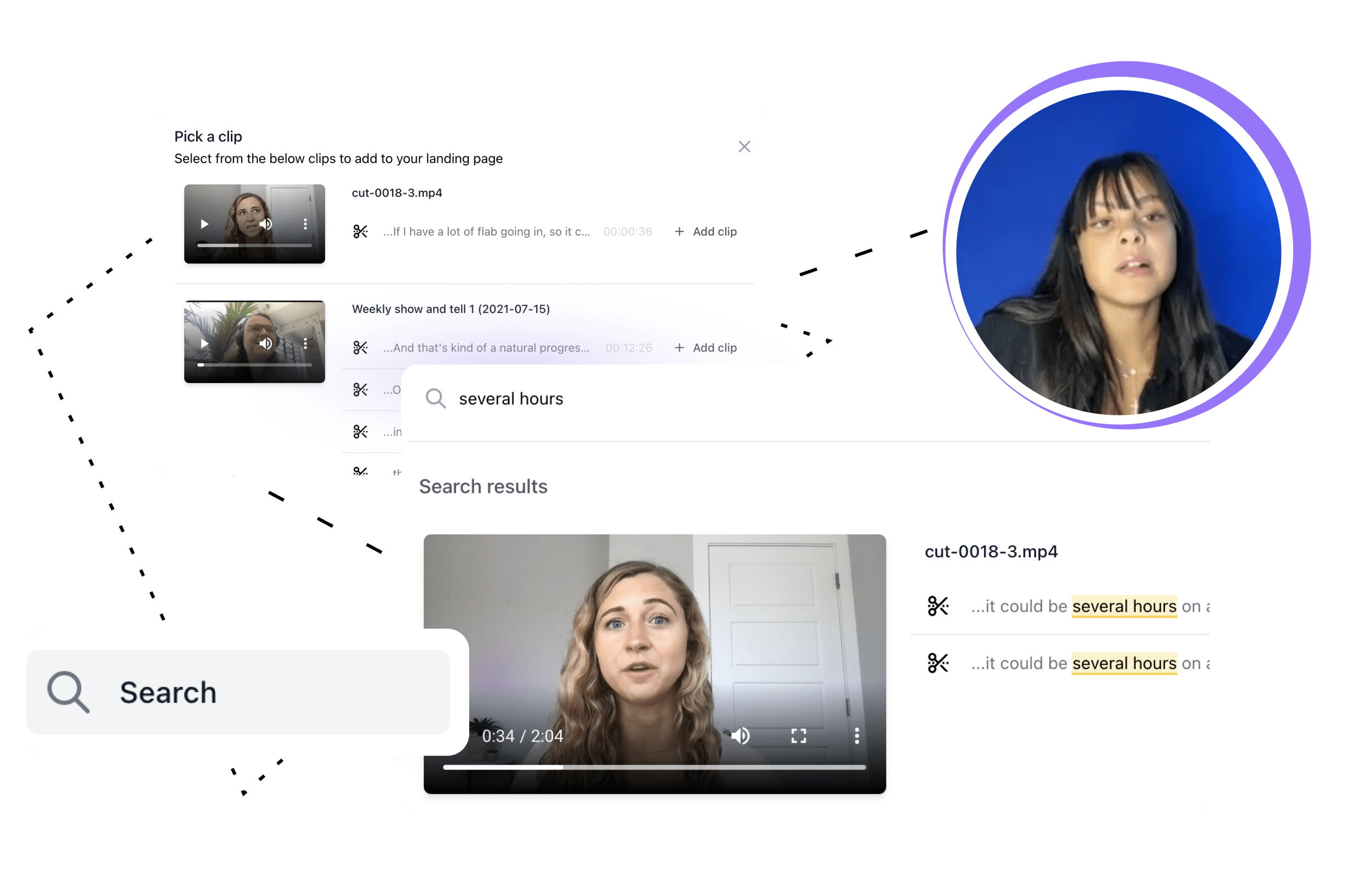 Use transcribed video to search video content based on text. Turn clips into links and share with your team.